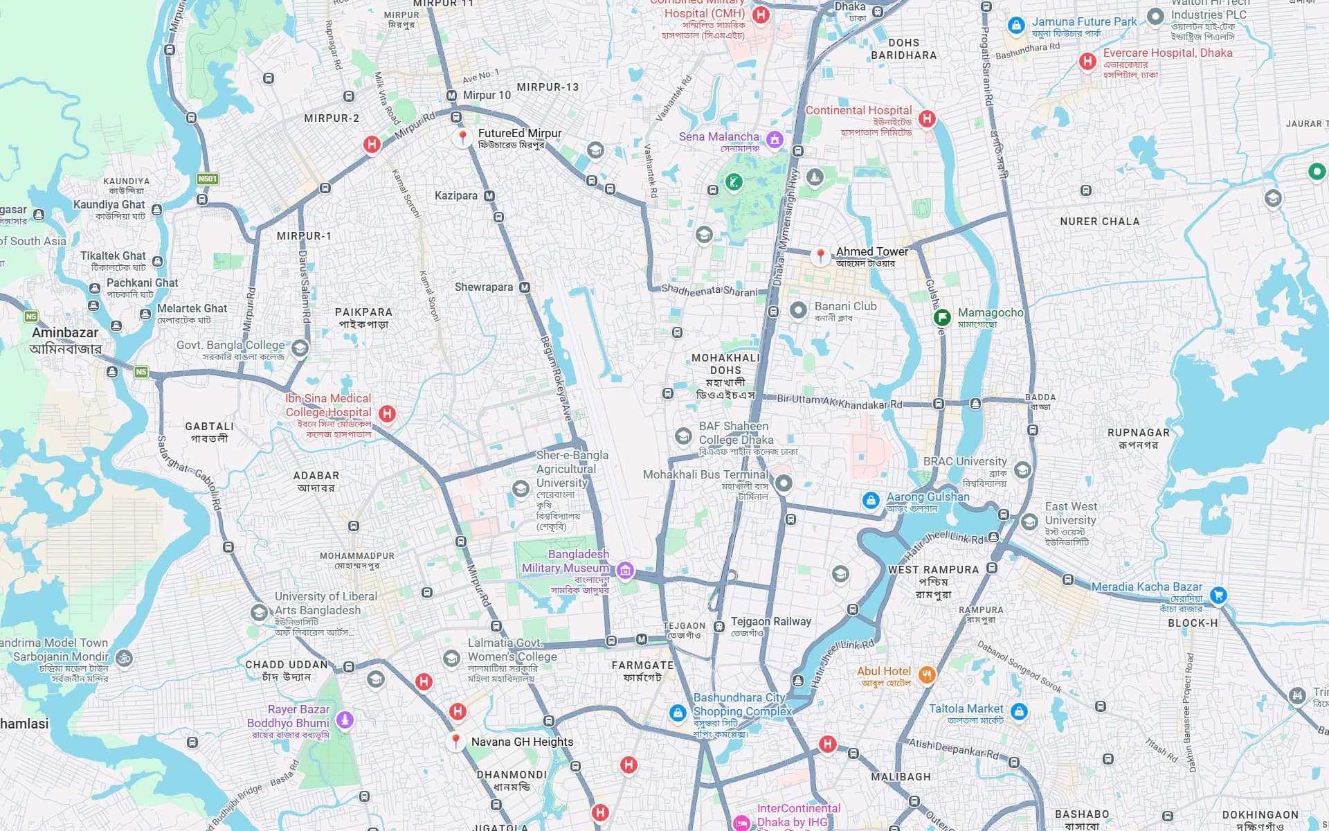 Dhaka map showing FutureEd branch locations
